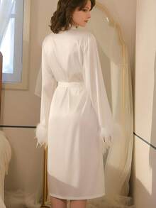1pc Black White Satin Feather Trim Robe Long V-Neck Tie Waist Kimono Sleeve Luxury Sexy Lounge Dress Bridal Getting Ready Party Vacation Outfit Glam - Multicolor - View 9