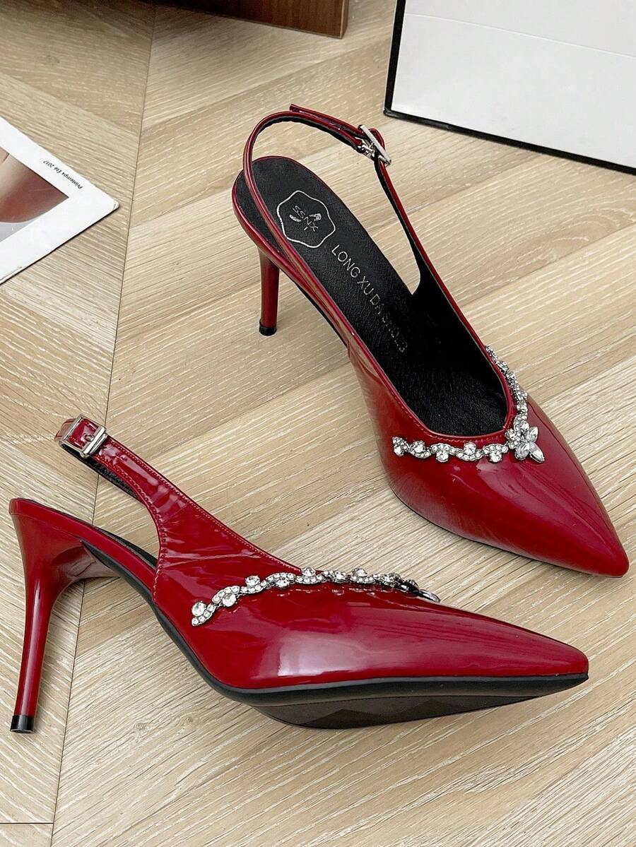 Silver Rhinestone Decor Pointed Toe Ankle Strap Sexy High Heel Sandals, Elegant French Style Open Toe Stilettos For Spring/Summer, Run Small By Half Size