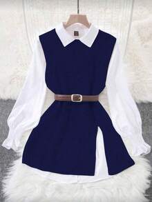 2-Piece Set: Spring Lantern Sleeve Vest And Loose Knit Vest With Front Opening - Navy Blue - View 1