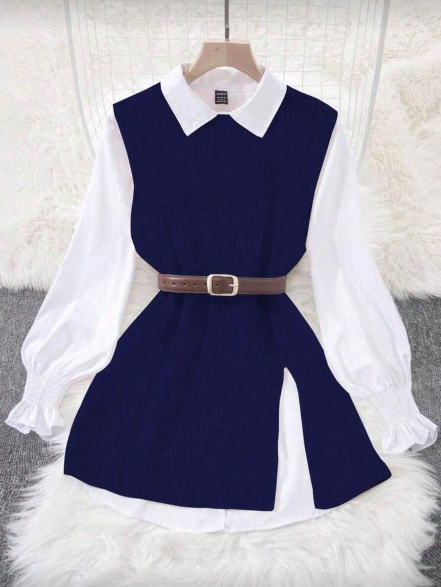 2-Piece Set: Spring Lantern Sleeve Vest And Loose Knit Vest With Front Opening - Navy Blue - View 1