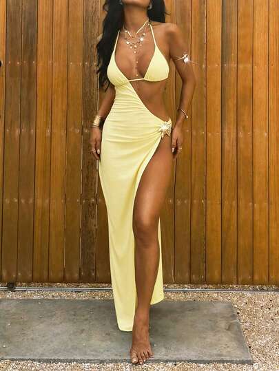 PEPPERMOLLY Vestido largo de mujer de un solo hombro con abertura alta y acento de metal con forma de estrella de mar dorada - Vestido sexy de fiesta con recorte lateral para discoteca, vacaciones en la playa, festival rave