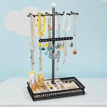 Meangood Jewelry Tree Stand Organizer 3in1 Necklace Organizer Display Bracelet Earrings And Ring Tray Jewelry Holder Hanger Metal(Black) - 黑色 - 查看 7