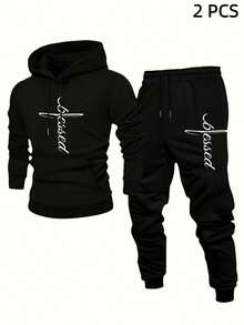 Two-Piece Men's Christian Faith Sweatshirt Set, Men's Fleece Hoodie With Matching Sweatpants, Suitable For Church Events And Casual Wear, Long-Sleeved Pullover, Autumn And Spring Season Hoodie With Drawstring And Kangaroo Pocket, Jesus-Themed Print, Men's Christian Clothing - 黑色+黑色-003 - 查看 1