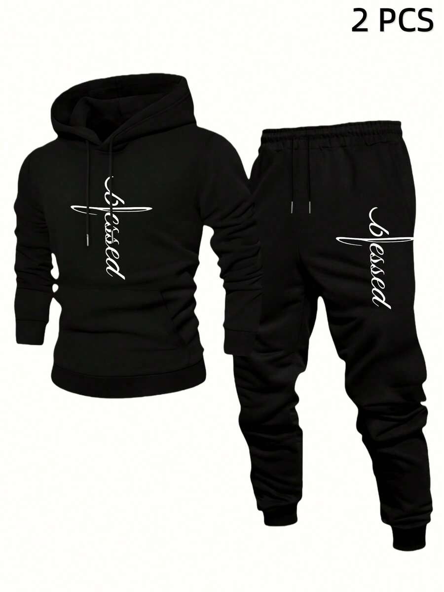 Two-Piece Men's Christian Faith Sweatshirt Set, Men's Fleece Hoodie With Matching Sweatpants, Suitable For Church Events And Casual Wear, Long-Sleeved Pullover, Autumn And Spring Season Hoodie With Drawstring And Kangaroo Pocket, Jesus-Themed Print, Men's Christian Clothing - 黑色+黑色-003 - 查看 1