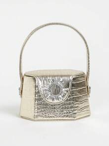 Luxury Gold Crocodile Pattern Mini Handbag With Rhinestone Buckle And Detachable Chain Crossbody Bag,Women's Metallic Gold Crocodile Embossed Mini Top Handle Bag With Rhinestone Accent And Detachable Crossbody Chain,Fashion Gold Crocodile Print Mini Purse With Sparkly Rhinestone Buckle For Party Daily Use - Gold - View 1