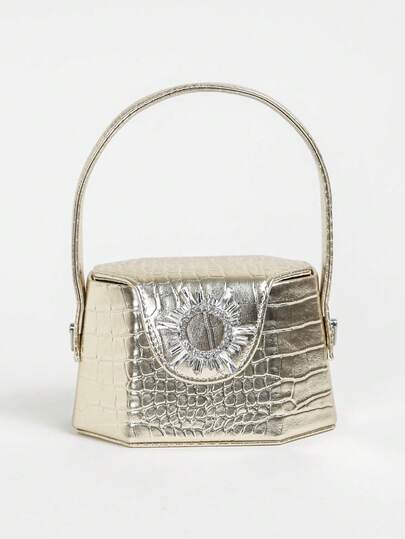 奢华金色鳄鱼纹迷你手提包，配水钻搭扣和可拆卸链条斜挎包；女士金属金色鳄鱼纹压花迷你手提包，饰有水钻，配可拆卸链条斜挎包；时尚金色鳄鱼纹迷你钱包，配闪亮水钻搭扣，适合派对和日常使用。