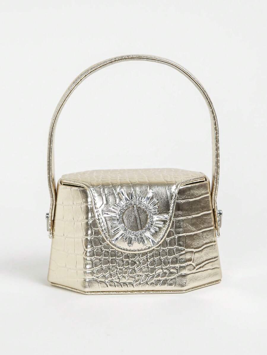 Luxury Gold Crocodile Pattern Mini Handbag With Rhinestone Buckle And Detachable Chain Crossbody Bag,Women's Metallic Gold Crocodile Embossed Mini Top Handle Bag With Rhinestone Accent And Detachable Crossbody Chain,Fashion Gold Crocodile Print Mini Purse With Sparkly Rhinestone Buckle For Party Daily Use - Gold - View 1