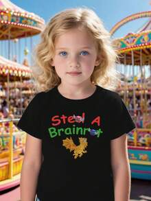 Camiseta casual de manga corta con cuello redondo para niños, camisetas de San Valentín para niñas, camisetas de niño, camiseta gráfica de dragón kawaii y gamer de cannelloni para niñas y niños, eslogan "Steal A Brainrot", camiseta de manga corta suave con estampado de dibujos animados coloridos, top casual unisex para niños de 3 a 13 años, perfecta para atuendos casuales de primavera, verano y otoño y camiseta versátil temática para niños pequeños, ropa casual de verano |   Top con estampado de anime |   Ajuste Cómodo, Camisetas para Niños - Negro - Ver 6