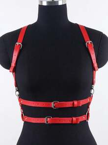 1件女士文艺复兴风格红色银色搭扣性感PU皮革吊带，适合狂欢节派对、活动或日常穿着 - 紅色 - 查看 2