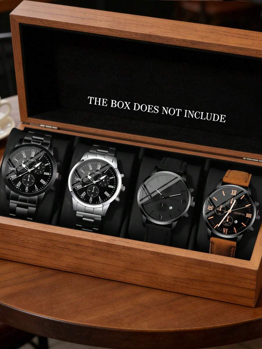 4件套简约商务男士石英表，男士商务休闲手表套装（包括黑色金属表带黑色表盘罗马数字计时石英表，银色金属表带黑色表盘罗马数字计时石英表） - 彩色 - 查看 1