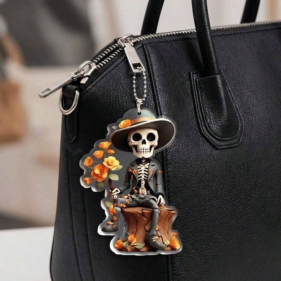 1 Dark Romantic Style Skull Floral Car Pendant - Gothic Floral Skull Design, Home Decoration Supplies | Car Accessories / Acrylic Decorations / Gothic Style / Holiday Decorations / Home Art Ornaments - 1pc - View 1