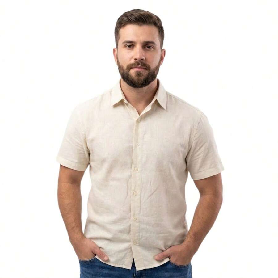 Men's Linen Dress Shirt, Summer Style, Premium Fabric, Comfortable, Lightweight, On - Off White - View 1