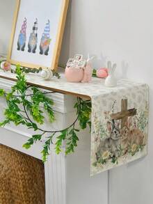 1pc Easter Bunny Pattern Table Runner, Easter Style Table Decor, Linen Material, Available In Multiple Sizes, Suitable For Home Dining, Kitchen Decor, Home Decor, Outdoor Party And Restaurant Decoration, Textured Linen Appearance - White - View 4