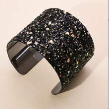 1pc Wholesale Exaggerated Sticker Sequin Metallic Bangle Bracelet, Super Shiny Alloy Wide Cuff Bracelet For Women - Black - View 1