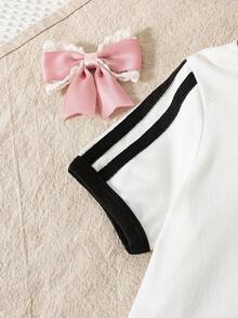 夏季女婴可爱休闲蝴蝶结印花白色圆领短袖上衣和黑色休闲长裤蝴蝶结套装 - 黑與白 - 查看 4