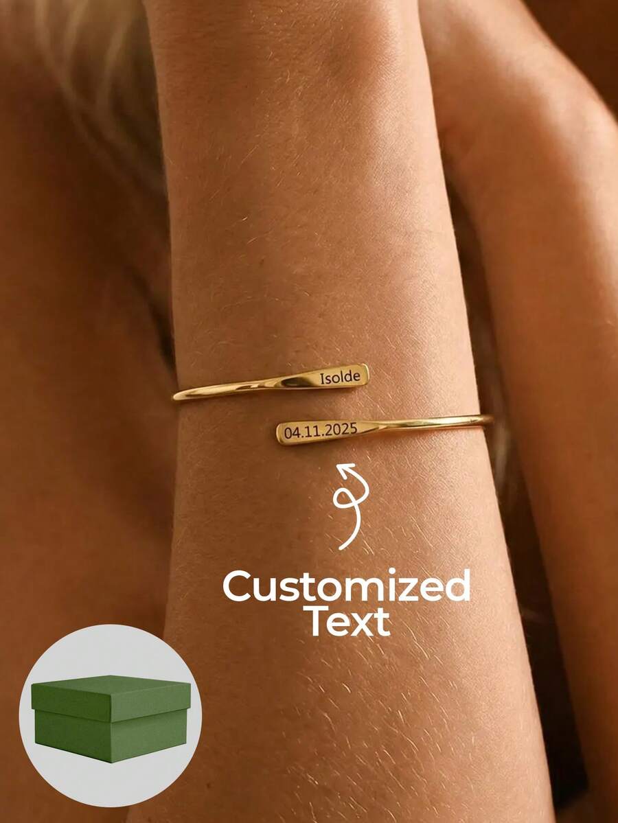 1 chiếc vòng tay dạng mở, khắc chữ theo yêu cầu, vòng tay đôi tên tùy chỉnh, trang sức tùy chỉnh bằng thép không gỉ mạ vàng 18k, kiểu dáng đơn giản và trang nhã, thích hợp làm quà tặng Ngày Valentine hoặc quà tặng hàng ngày cho người thân yêu. - vòng tay mở - Xem 1