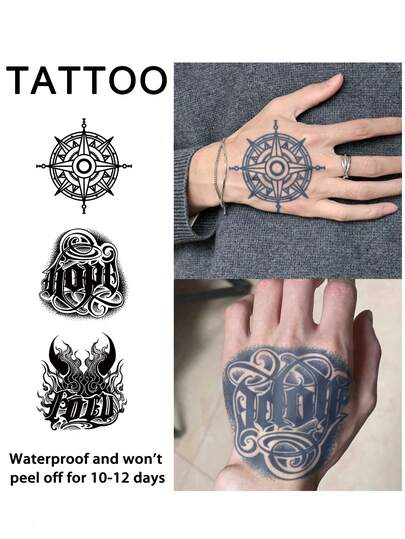 3 piezas Tatuajes temporales falsos de hombre Y2K con letras góticas y diseños geométricos, tatuajes semipermanentes resistentes al agua y al sudor que duran de 1 a 2 semanas, realistas, con jugo de hierbas, antifricción y sin reflejo, tatuajes negros para mujeres y hombres para brazos, pecho, piernas, abdomen, cintura, dedos, cuello, espalda, arte corporal modernista