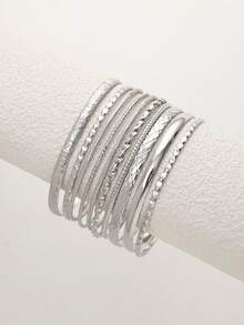 10pcs Bohemian Style Wavy Pattern Smooth Surface Textured Bracelet Set, Multi-Element Stacking Bangle Bracelets For Women (Suitable For Gifts, Parties, Evenings, Daily Wear) - Silver - View 5
