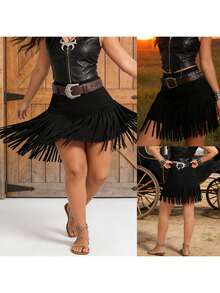 Awevudst Elegant Western Cowgirl Beaded Fringe Trim Mini Skirt,High Waisted Mini Suede Skirts,Country Concert Rave Festival Booty Tassel Layering Bottoms Going Out Tops - 黑色無鉚釘 - 查看 5