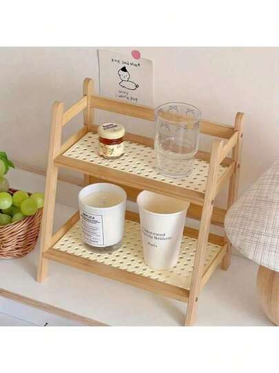 HOUSHELIF 1pc Vintage Freestanding Countertop Storage Rack, Dual-Layer Bookshelf, New Multi-Function Chinese-Style Storage Rack, Kitchen Storage, Living Room Storage & Organization, High-End Tableware Rack, Tea/Coffee Cup Storage, Spice Rack, Display Shelf, Woven Rattan Panel, Quick Drainage, Breathable Waterproof, Suitable For Kitchen, Bathroom, Office, Bedroom, Balcony Decor