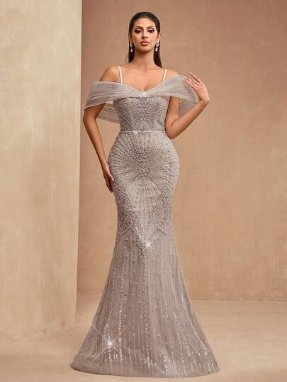 AMILUCK Nuevo Llegada Elegante de Lujo de Alta Gama de Mujeres Vestido Formal de Sirena con Tirantes de Espagueti de Encaje con Lentejuelas, Adecuado para Fiesta de Noche, Banquete, Boda