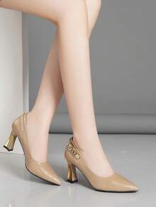 Women's Fashion Buckle Decor Solid Color Comfortable Versatile High Heel Shoes, Suitable For All Seasons - Khaki - View 2