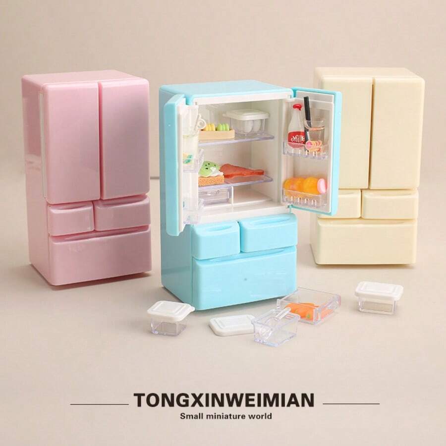 1件套1:12比例迷你双门冰箱娃娃屋微缩厨房玩具套装，逼真冰箱装饰玩具，创意娃娃配件，适合女孩微缩场景，完美的新年礼物 - 彩色 - 查看 1