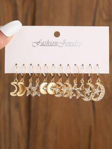 6 pares de pendientes con strass con diseño de estrellas y lunas, en color dorado, accesorios de joyería para niñas, adecuados para uso diario, festivales y fiestas - Multicolor - Ver 5