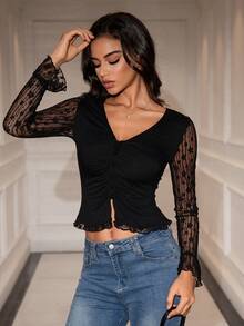 Fashionable Deep V Neck Knitted Crop Top For Women With Contrast Lace Flare Sleeves And Button Detail - Black - View 5