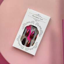 24 Pcs Almond Press On Nails Medium Length Fake Nails 3D Rhombus Shape Laser False Nails Full Cover With Special Design Glue On Nails Dazzling Colorful Nail Tips Acrylic Nails For Women DIY Nail Art - 玫紅色 - 查看 7