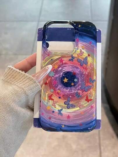 1 Pc Korean Ins Color Star Vortex Following Butterfly, Lovely Advanced Sense Of Fashion And Personalized From The Silicone Protective Shell, Is Compatible With IPhone17 / Compatible With IPhone17promax Compatible With IPhone16 Pro Max/Compatible With IPhone15 Pro/Compatible With IPhone14 Compatible With IPhone13/12/11, Suitable For Family/Friends/Sister/Girlfriend On Valentine's Day Gift/Birthday Gift/Mother's Day Gift