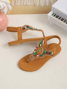 1 Pair Children's Summer Flat Sandals, Rhinestone Embellished Uppers, Sun Decor, Slip-On, Bohemian Style Brown Beach Vacation Sandals - Brown - View 5