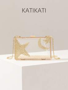 Tas Clutch Transparan Bertabur Berlian Imitasi Motif Bulan Berbintang, Tas Tangan Mewah Elegan, Barang Penting untuk Pesta Pertunangan, Cheongsam dan Gaun Malam Formal, Cocok untuk Acara Gala Wanita Anggun, Desain Tas Kotak Transparan Bertabur Berlian Imitasi Motif Bulan Berbintang yang Indah, Bahan Aurora, Dihiasi dengan Berlian Imitasi Persegi - Clear - View 8