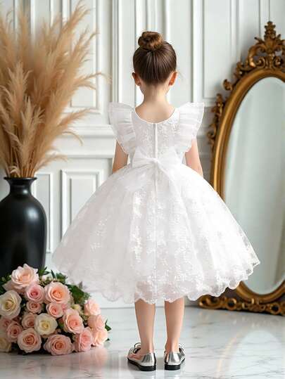 Young Girls Beaded Embroidered Mesh Cap Sleeve Elegant Flower Girl Wedding Princess Dress, Suitable For Birthday, Prom, Vacation, Party, Does Not Include Headband