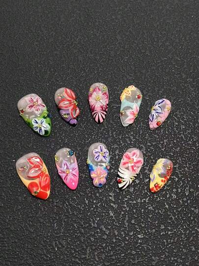 10-Piece Pure Handmade Wearing Nail Pressing Nails Almond Nails Multi-Color With Red Pink Fading Gradient French Nails Three-Dimensional Modeling Glue Carving Craft Fashion Versatile Suitable For Women To Wear. There Are Three Sizes To Choose From, Suitable For A Variety Of Occasions, Party Ball And Daily Wear