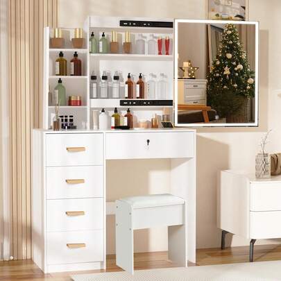 Tocador con Espejo y Luces LED, Vanity de Maquillaje con 3 Modos de Iluminación Ajustable, Incluye taburete Diseño Moderno con 5 Cajóns