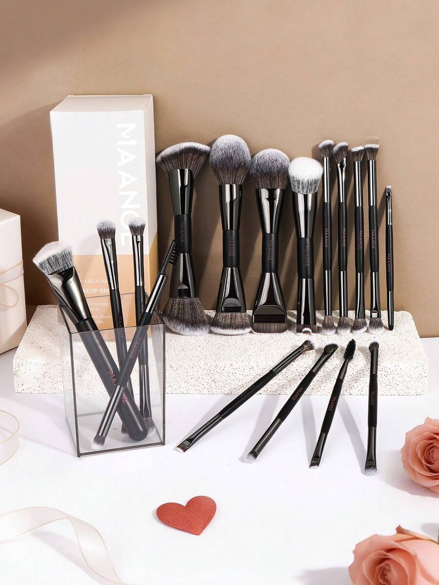 MAANGE Bộ cọ trang điểm chuyên nghiệp hai đầu 17 món, kèm hộp đựng 4 mặt và hộp giấy, thích hợp làm bộ cọ trang điểm du lịch, quà tặng, bộ cọ trang điểm chuyên nghiệp, bộ trang điểm hoàn chỉnh.