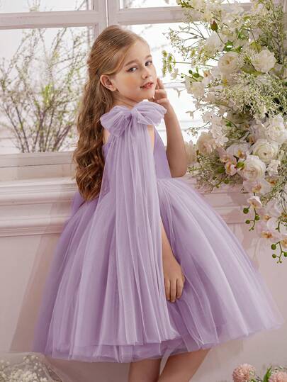 Vestido de princesa elegante de tul con lazo morado para fiesta de Navidad, adecuado para fiesta de cumpleaños de niñas, banquete, ocasión formal, vestido de niña de las flores para boda, Acción de Gracias, graduación