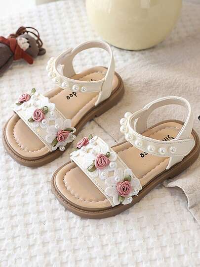 1 Pair Girls' 2026 Summer New Rose Flower & Pearl Decor Sandals, Suitable For Daily Wear