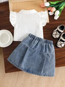 2pcs/Set Baby Girls' Spring/Summer Outfit, Full-Open Vertical Striped Jacquard Texture Ruffle Trim Cap Sleeve Shirt, Denim Skirt, Comfortable Elastic Waist, Bow Decor, Versatile Fashion, Suitable For Kindergarten, Student Back To School Uniform - White - View 3