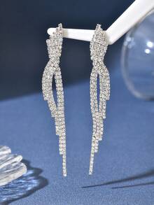 1 Pasang Anting Panjang Elegan Bertabur Berlian Imitasi untuk Wanita, Perhiasan Pesta Pernikahan, Hadiah Liburan untuk Istri atau Pacar - Perak - View 4