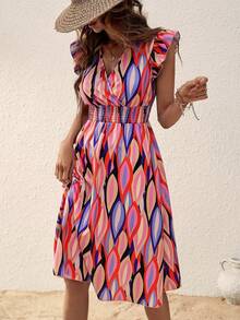 SUNSTORY 女士优雅性感度假风几何图案荷叶边袖V领系腰A字连衣裙，适合休闲、音乐节、婚礼、派对、度假、办公室、居家、日常穿着 - 彩色 - 查看 6