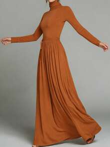 Đầm dài nữ, đầm maxi dài tay cổ lọ màu trơn ôm sát cơ thể, đầm dài thắt eo, dáng suông tôn dáng, phong cách cổ điển, đầm công sở đa năng, phù hợp cho mùa xuân, hè và thu thanh lịch. - màu nâu - Xem 4