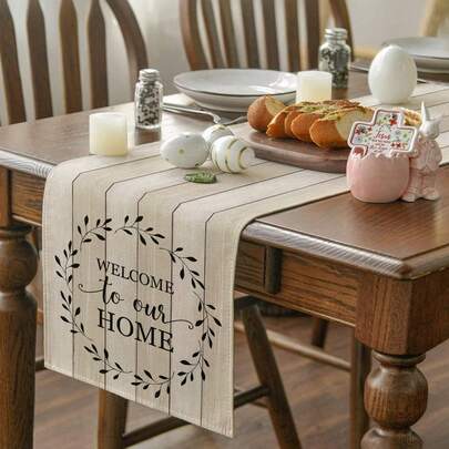 1pc, Casual Style, Faux Wood Grain Material, "Welcome To Our Home" Printed Pattern, Available In Multiple Sizes, Suitable For Home Dining, Kitchen Decor, Home Decor, Outdoor Parties And Restaurant Decoration, Textured Linen Appearance