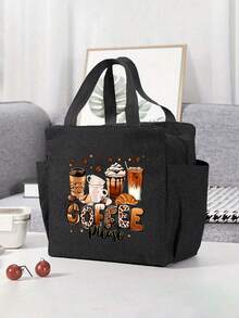 A Thermal Lunch Bag With Four Cups Of Black Coffee And Coffee Beans, Leopard Print Pattern Printed On It,Insulated Bag With The "Coffee Please" Pattern Paired With A Black Cutlery Storage Bag,Suitable For Work, Travel, School, Outings, Camping, Etc., Giving Birthday Gifts To Family And Friends, Valentine's Day, Wedding Season, Souvenirs, Bridesmaid Gifts, Ramadan ﻿ - Multicolor - View 1