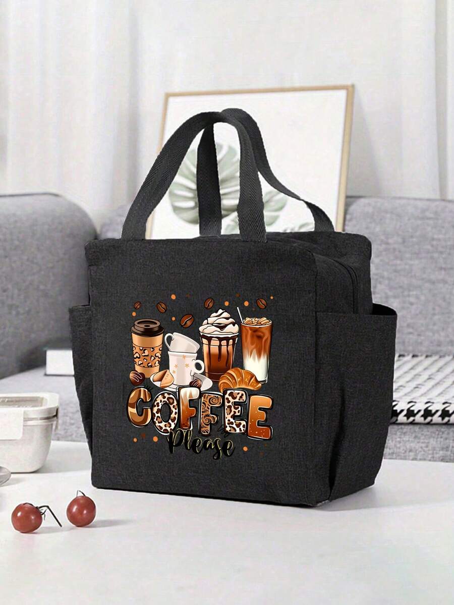 A Thermal Lunch Bag With Four Cups Of Black Coffee And Coffee Beans, Leopard Print Pattern Printed On It,Insulated Bag With The "Coffee Please" Pattern Paired With A Black Cutlery Storage Bag,Suitable For Work, Travel, School, Outings, Camping, Etc., Giving Birthday Gifts To Family And Friends, Valentine's Day, Wedding Season, Souvenirs, Bridesmaid Gifts, Ramadan ﻿ - Multicolor - View 1