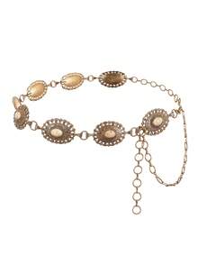 1 قطعة سلسلة خصر بطبقتين مزخرفة بأسلوب بوهيمي، صفيحة زهرة مجوفة مزينة بحجر بيضاوي مصنوع من الأبالون الاصطناعي، سلسلة رفيعة قابلة للتعديل، إكسسوار عتيق مناسب لإطلالة عطلة بوهيمية - سلسلة الخصر - مشاهدة 2