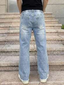 Tween Boys' Letter Embroidered Elastic Waist Casual Jeans, All Season - Medium Wash - View 2