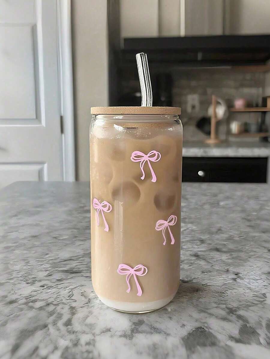 Glass Cup With Bamboo Lid, Reusable Pink Bow Design Iced Coffee Cup, Aesthetic Style Travel Mug For Women And Girls