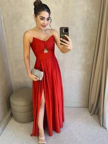 Women's Long Butterfly Dress, Strapless, Trilobal Fabric With Built-In Bra Cups | Party, Bridesmaid, Wedding, Graduation, Debutante | Adjustable Back, Sexy And Elegant, Party, Cutout/Cut, Asymmetrical Knot, Formal And Evening - 紅陶 - 查看 3